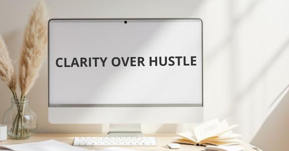 Calm digital marketing workspace representing clarity over hustle