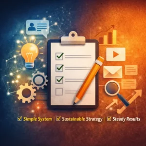 Clipboard checklist with green checkmarks, pencil, gears, lightbulb, and icons signaling planning and strategy.