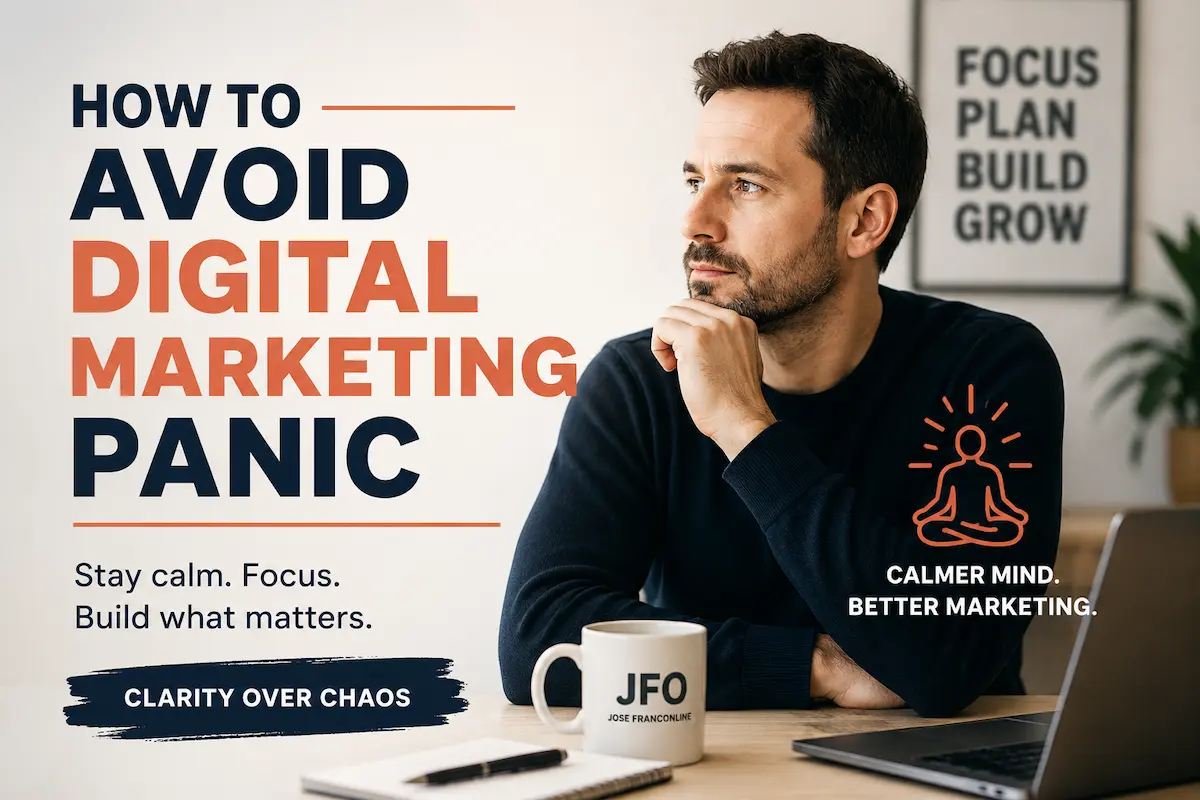 Informational poster about staying calm in digital marketing; man at a desk contemplating, with the headline 'How to Avoid Digital Marketing Panic' and the slogan 'Calmer mind, better marketing'.