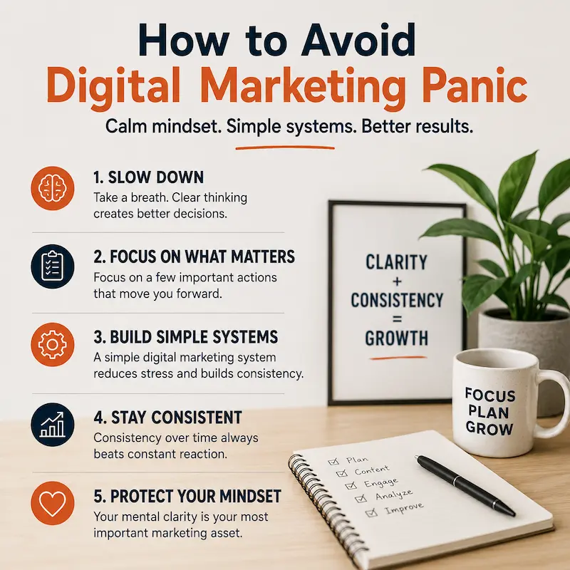 How to Avoid Digital Marketing Panic | Sustainable Digital Marketing Simple strategies to avoid digital marketing panic and build a calmer marketing system