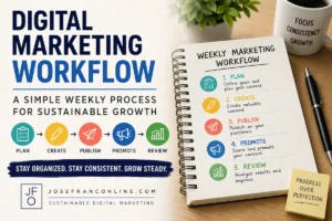 Digital Marketing Workflow: A Simple Weekly Process for Sustainable Growth with planning, content creation, publishing, promotion, and review steps.