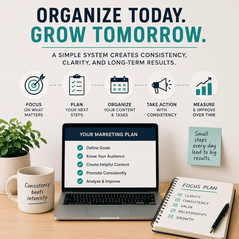 Simple workflow to organize your digital marketing with more clarity, consistency, and long-term focus.