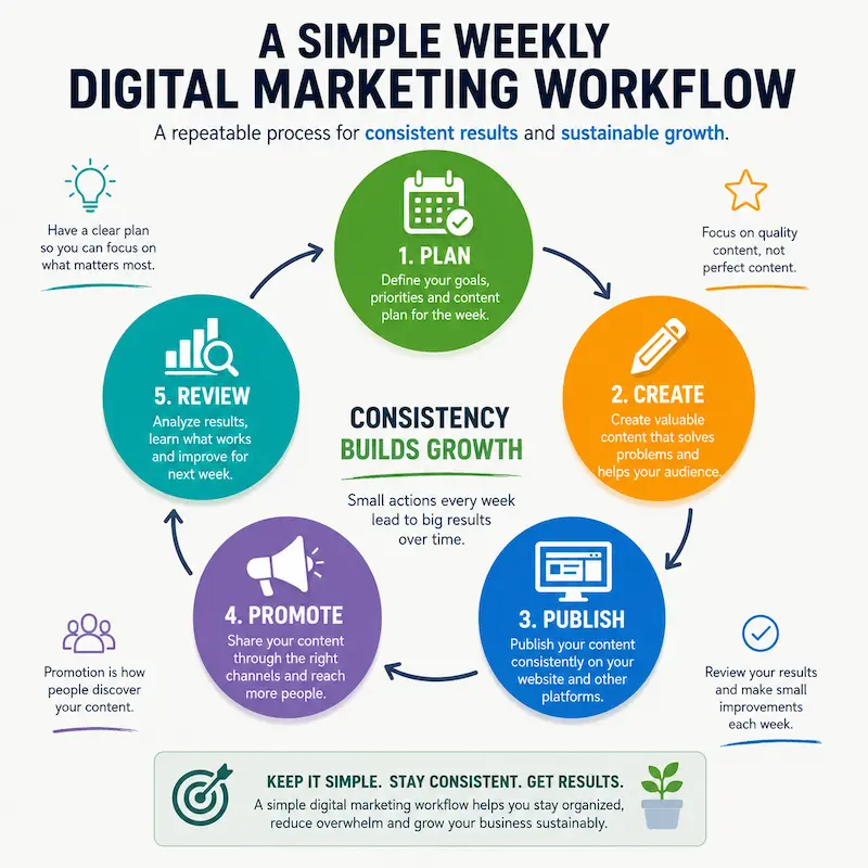 Simple weekly digital marketing workflow showing the five stages of planning, creating, publishing, promoting, and reviewing content for sustainable growth.