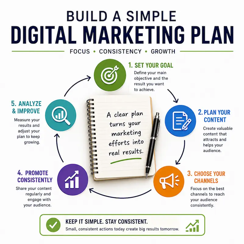 Infographic showing the main steps of a simple digital marketing plan, including goals, content, promotion channels, consistency, and performance analysis.