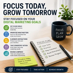 Stay focused on your digital marketing goals through clear priorities, consistent action, and regular progress reviews.