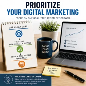 Prioritize your digital marketing by focusing on one clear goal, high-impact activities, and regular reviews.