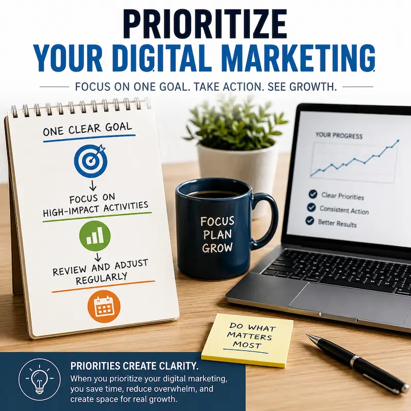 Prioritize your digital marketing by focusing on one clear goal, high-impact activities, and regular reviews.