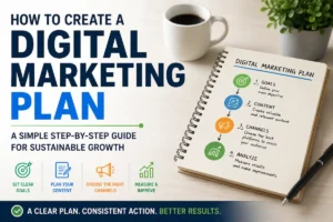 Illustration of a simple digital marketing plan showing goals, content, promotion channels, and performance analysis for sustainable business growth.
