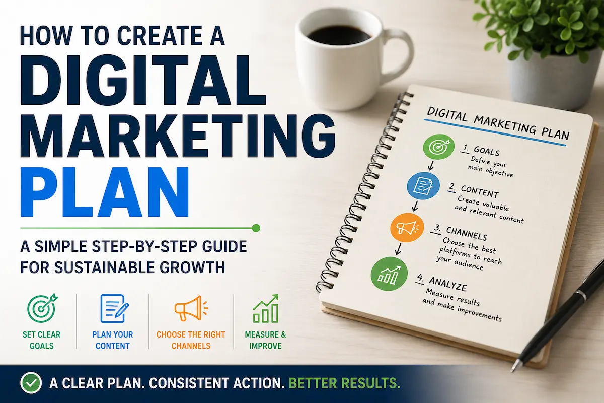 Illustration of a simple digital marketing plan showing goals, content, promotion channels, and performance analysis for sustainable business growth.