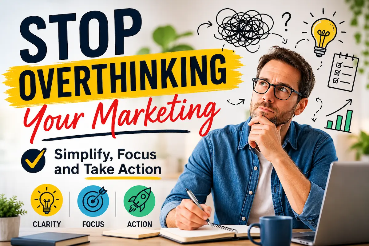 Professional illustrating stop overthinking your marketing and taking consistent action with more clarity and less stress.