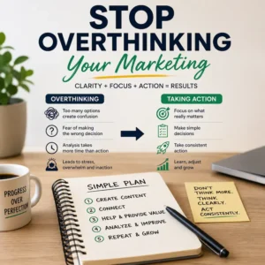 Infographic titled 'Stop Overthinking Your Marketing' contrasting Overthinking vs Taking Action with a 5-step plan on a notebook and desk items nearby.