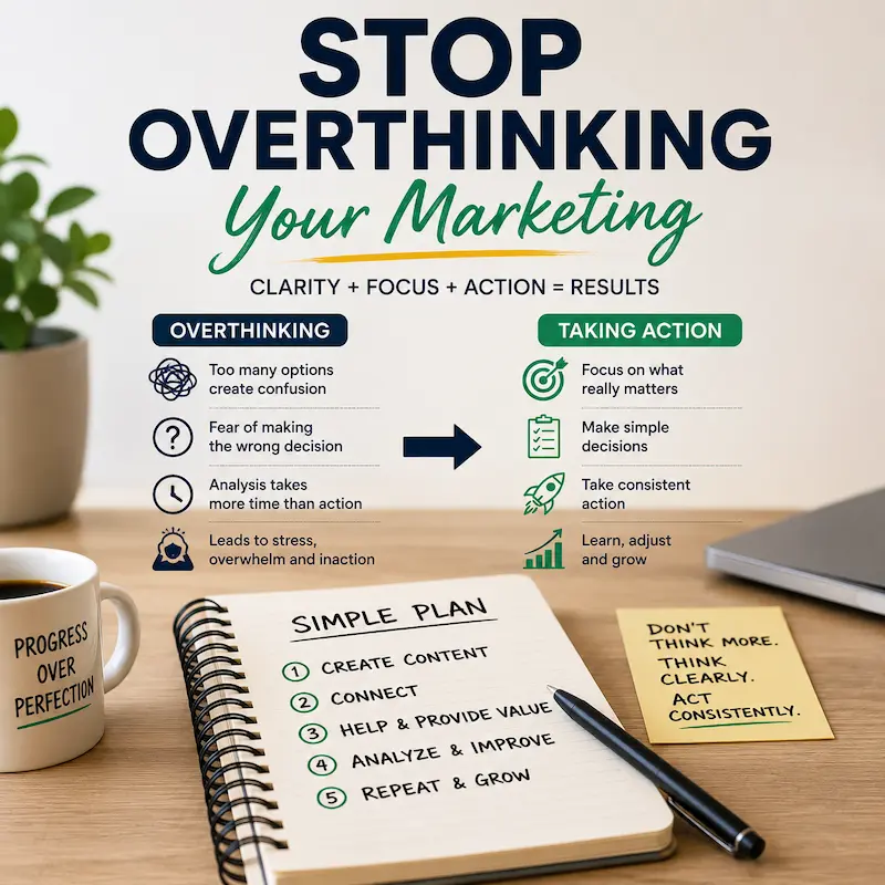 Illustration showing how to stop overthinking your marketing by simplifying decisions, focusing on priorities, and taking consistent action.