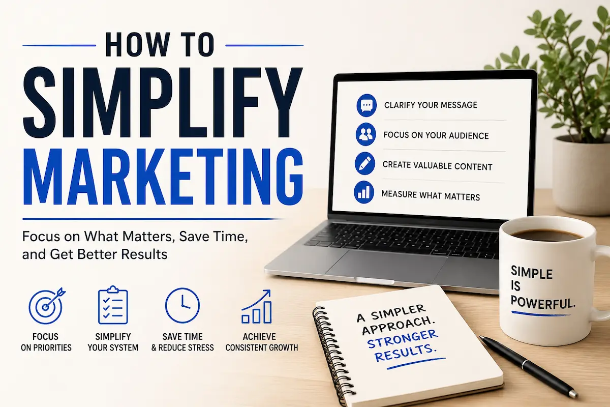 Modern workspace illustrating how to simplify marketing without losing results through a clear and sustainable marketing system.
