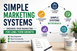 Infographic of Simple Marketing Systems: a five-step circular process (Planning, Content, Publishing, Review, Improvement) for organized, sustainable growth.