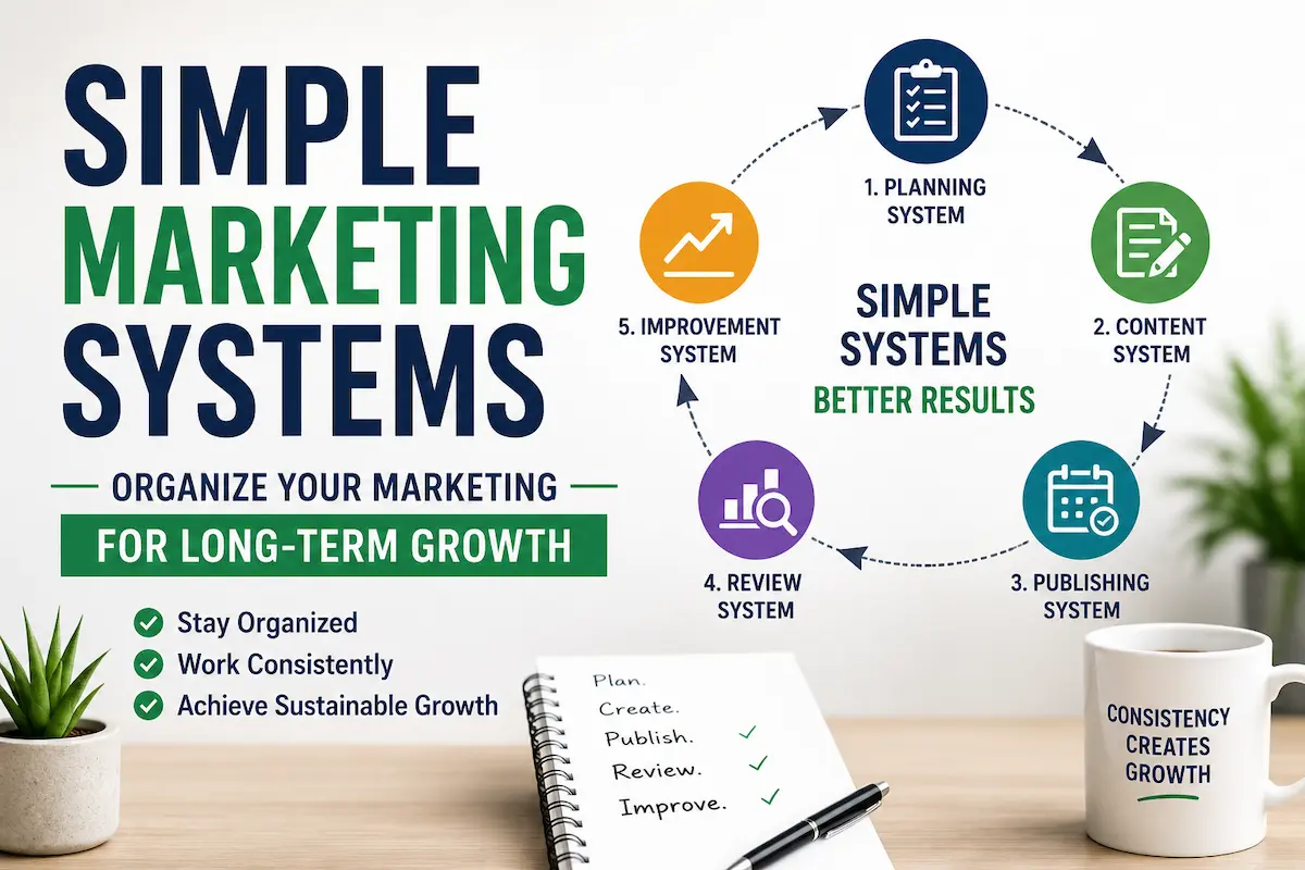 Infographic of Simple Marketing Systems: a five-step circular process (Planning, Content, Publishing, Review, Improvement) for organized, sustainable growth.