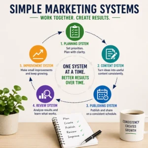 Diagram showing how simple marketing systems work together through planning, content, publishing, review, and continuous improvement.