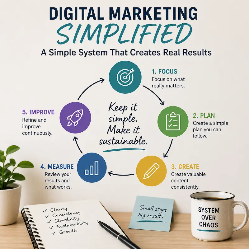 Digital marketing simplified: visual representation of a simple marketing system showing the steps focus, plan, create, measure, and improve for sustainable online business growth.