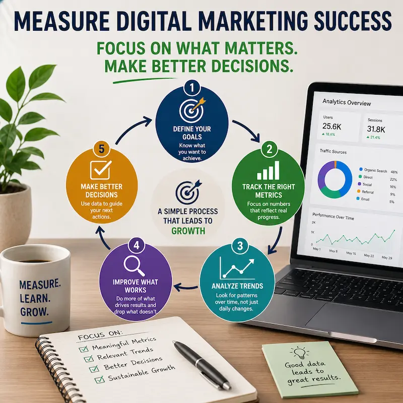 Simple five-step process to measure digital marketing success using goals, metrics, trends, improvements, and decisions